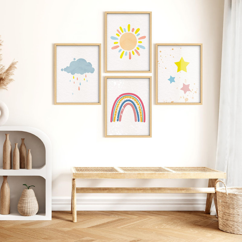 Enfants, soleil, arc-en-ciel, nuages et étoiles, nature abstraite, illustrations, décor moderne, Or, H 14 po x l 11 po