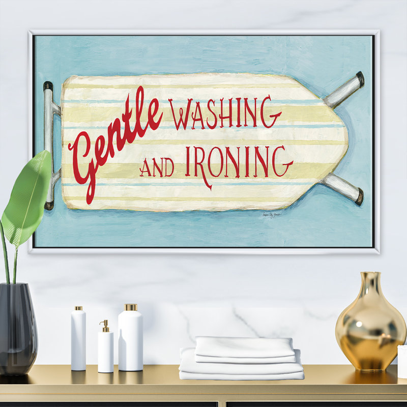 «Gentle Wash and Ironing in Landry», reproduction d'art textuel, Toile encadrée flottée blanche, H 24 po x l 32 po x P 1 po