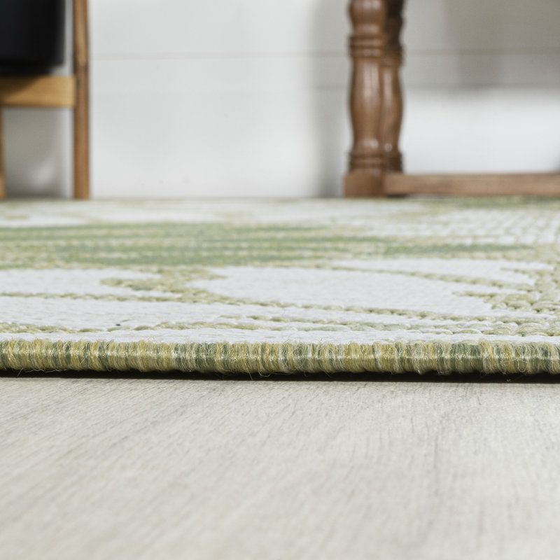 Zinnia Modern Floral Textured Weave Green/Cream Indoor/Outdoor Rug, Round 5'3"