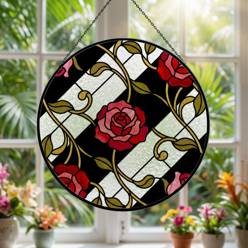 7.8"H Rose Vine Stained Glass Window Panel, 7.8" H x 7.8" W