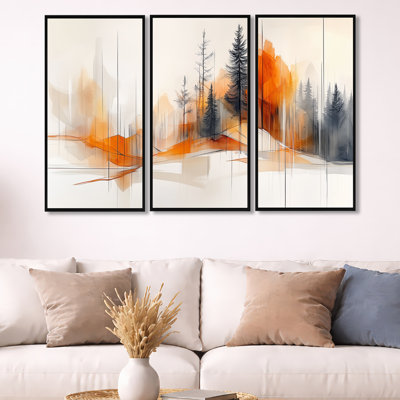 Impression sur toile encadrée orange et grise Nordic Smoke Hills - Forest, 3 pièces