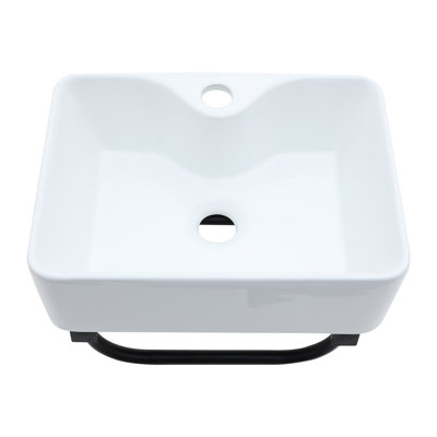 Lavabo de salle de bain mural en céramique 16 po x 16 po x 16 po avec trou pour robinet et support à serviettes