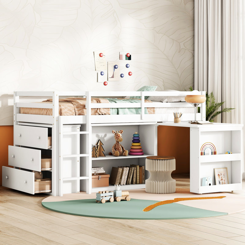 Lit mezzanine simple en bois d'hévéa avec options de rangement et tiroir garde-corps à abat-jour blanc, Blanc