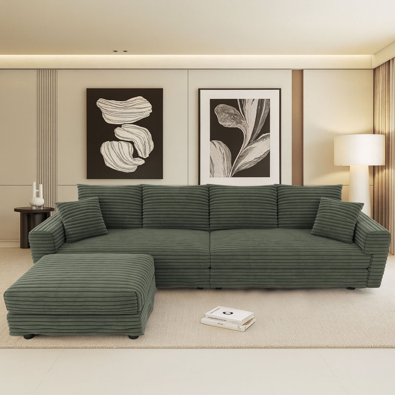 Modern Corduroy Fabric Upholstered 4-Seater Sectional Sofa with an Ottoman, 35.35" H x 102.42" W x 66.94" D, Green