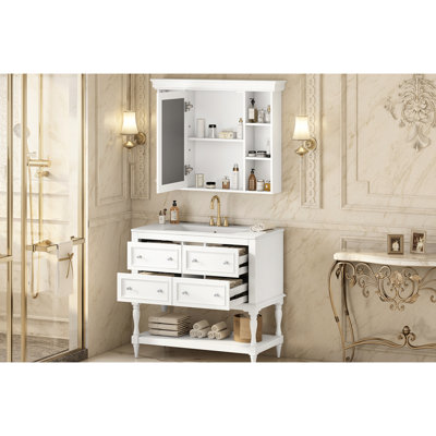 Ensemble de meuble-lavabo et miroir 36 po, structure en bois massif, 4 tiroirs, finition imperméable, tablette de rangement supplémentaire, lavabo en céramique avec armoire, poignées argentées peintes de haute qualité,
