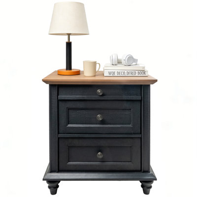 23.6” W Farmhouse Rutland With 3 Storage Drawers, Bedside Table With Solid Wood Legs For Bedroom