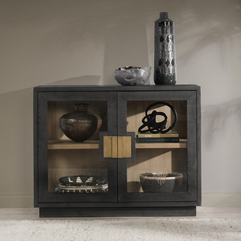 Larson Two-Door Glass Oak Wood Cabinet, Black, Gold