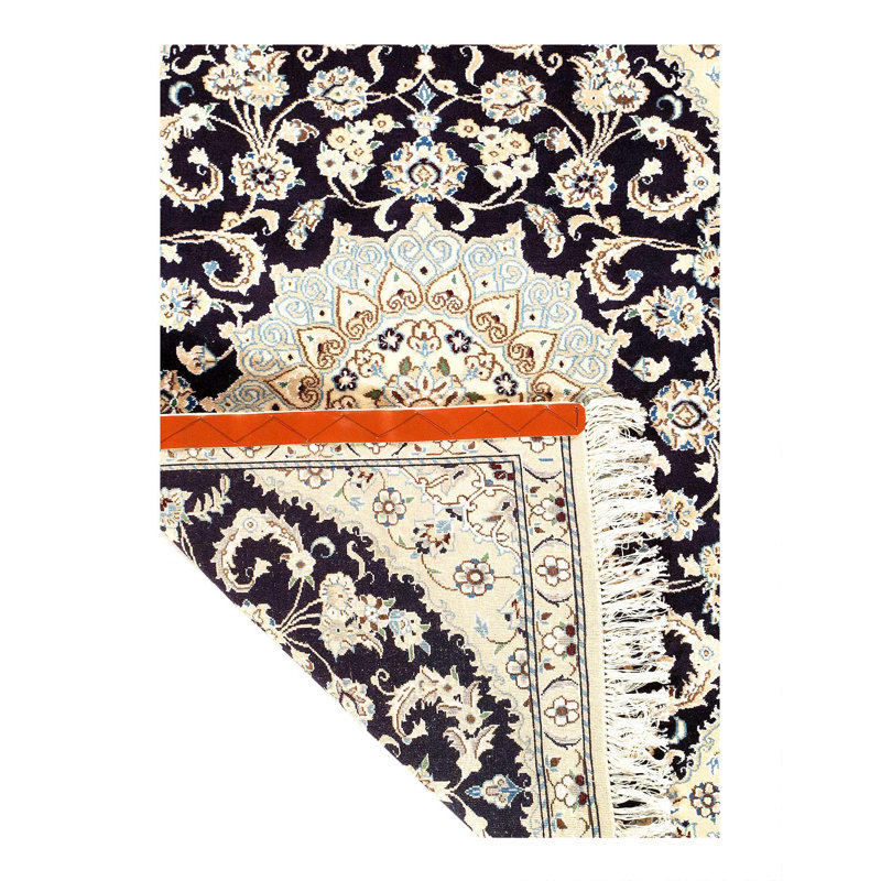 Tapis bleu marine / beige / noir en laine / coton / soie 2 pi 11 po x 4 pi 4 po Raker