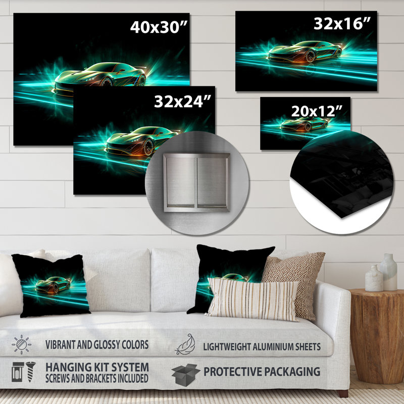 «Teal Neon Exotic Car III», reproduction non encadrée sur métal, H 30 po x l 40 po x P 1 po