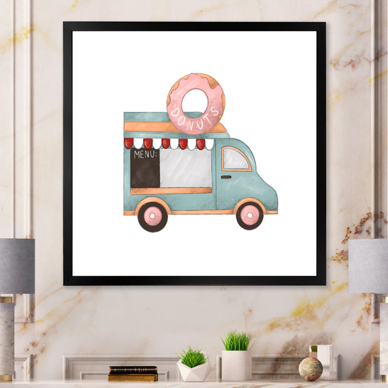 Art rétro sur toile, Donut Van Kiosk, Cadre photo noir, H 16 po x l 16 po x P 1 po