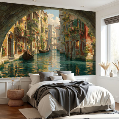 Papier peint auto-adhésif romantique, vue sur le canal, Gondoles, lumière du soleil, bâtiments historiques, H 69 po x l 96 po, papier peint amovible en PVC, adhésif mural pour chambre à coucher, bureau à domicile