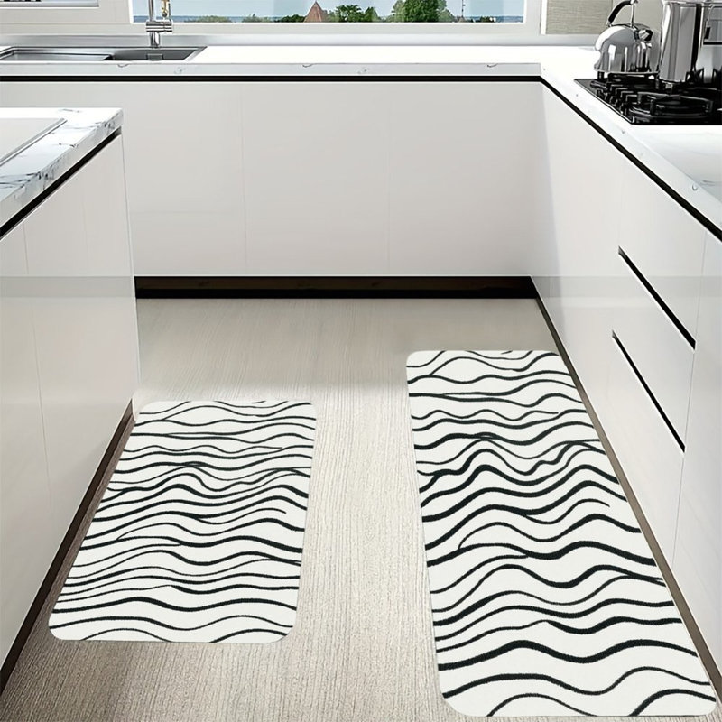 2-Piece Set Wave Pattern Black White Kitchen Living Room Kitchen Floor Mats