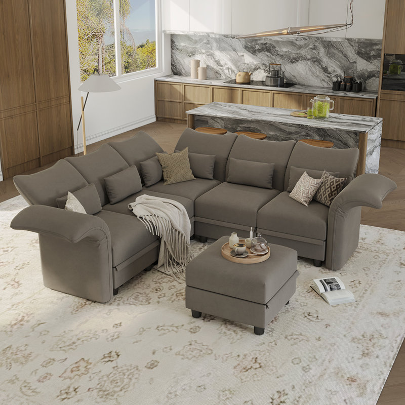 Canapé modulaire à méridienne rembourré 6 pièces Ahren, Velours brun