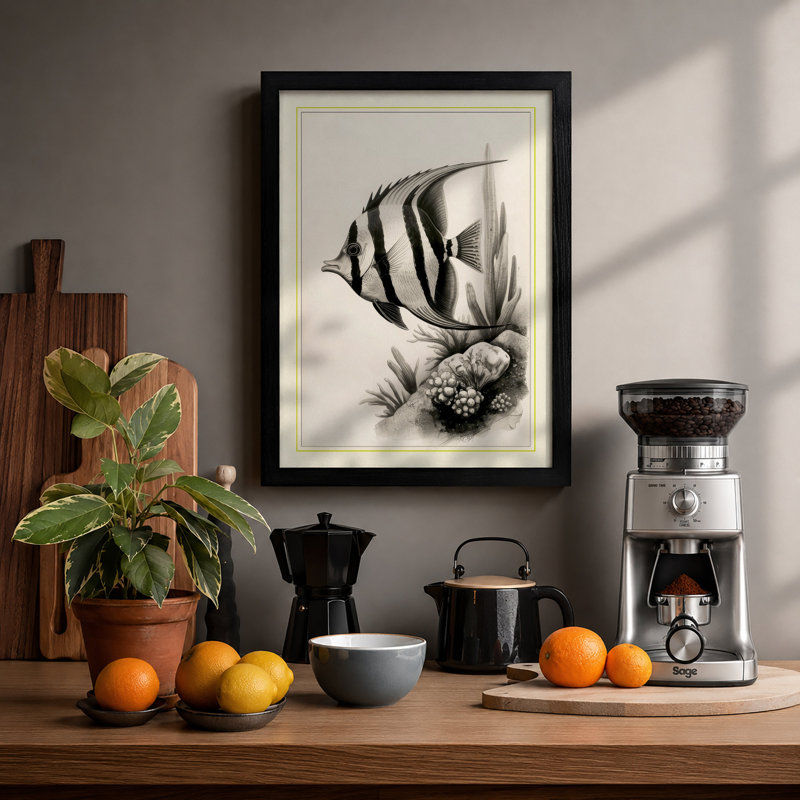 Striped Fish and Coral Botanical - Framed Print, A4 - 29.7 x 21.0 cm, Black