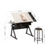 Table à dessin pour la maison et l'utilisation, bureau inclinable à hauteur réglable, blanc, deux tiroirs non tissés, bandes de rangement en métal, pieds, avec tabouret