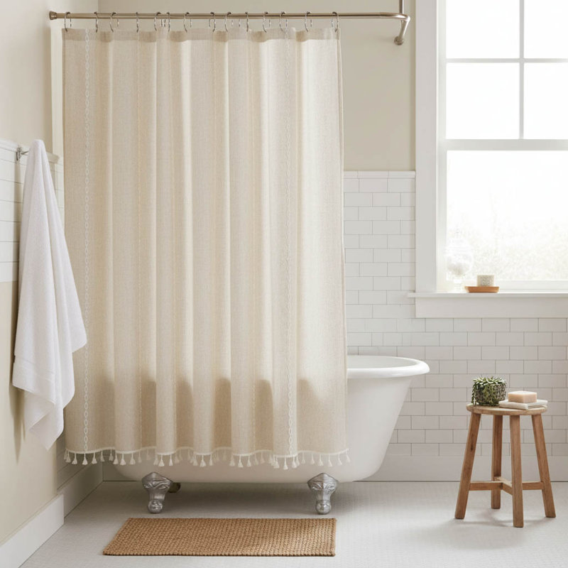 Boho Farmhouse Tassel Shower Curtain, Beige