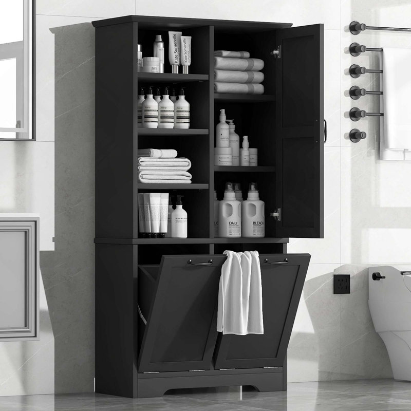 Armoire de rangement autoportante pour salle de bain avec portes et tiroirs, panier à linge inclinable, tablette ouverte et tablette réglable