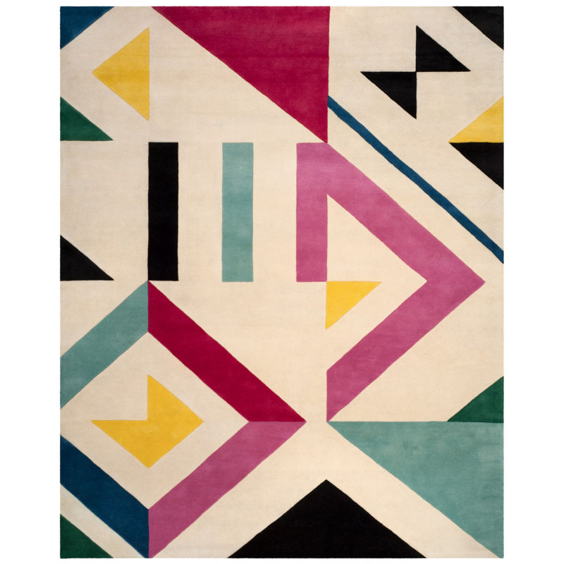 Tapis ivoire / rose / noir en laine touffeté à la main Harsirat, Rectangle 8 pi x 10 pi