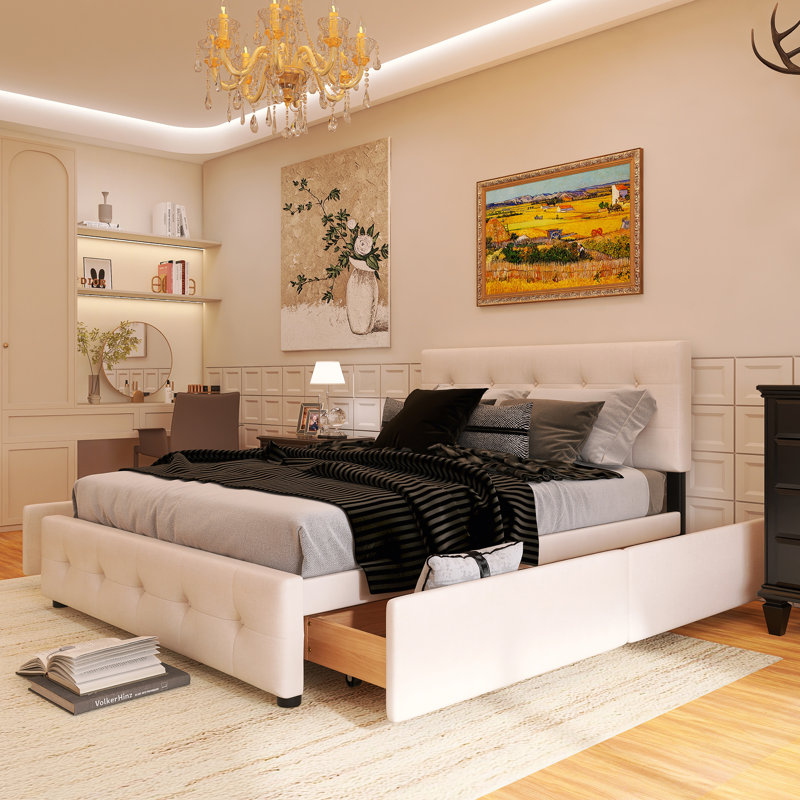 Wood Frame Queen Size Upholstered Platform Bed With 4 Drawers, Beige