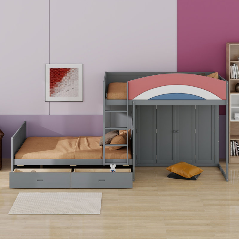Lit superposé décalé avec garde-robe intégrée, tiroirs de rangement et garde-corps rembourré, Gris