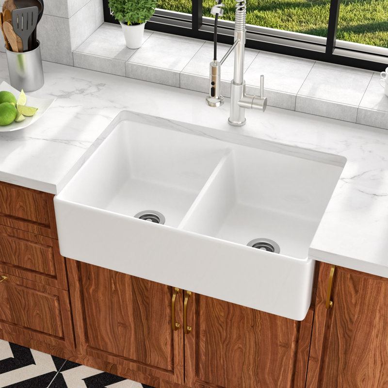 Évier de cuisine à double cuve en céramique blanche 33 po x l 20 po 33 po x 33 po, Pop-up Drain