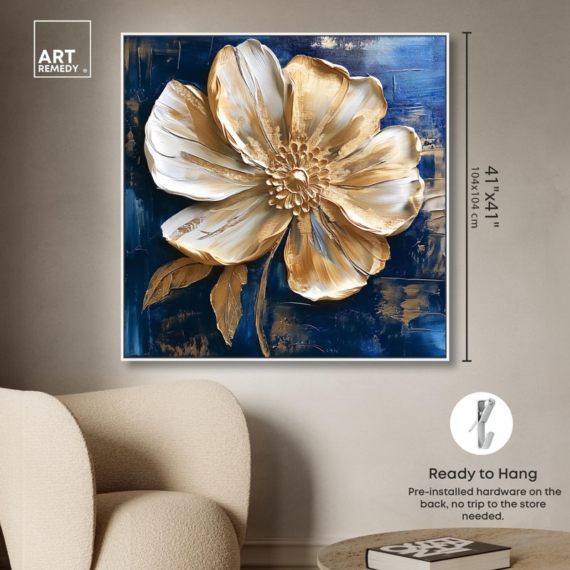 Or sur toile sérénade dorée, art floral élégant par Art Remedy, Cadre flottant blanc, H 41 po x l 41 po x P 1,8 po