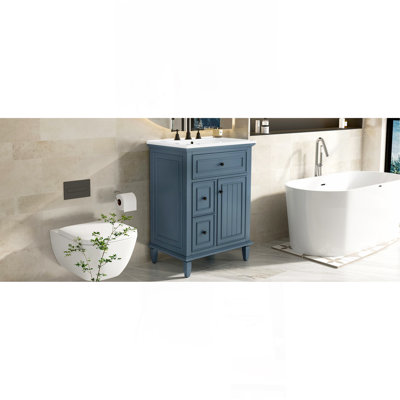 Meuble-lavabo 24 po avec lavabo, meuble-lavabo avec un tiroir rabattable et deux tiroirs, tablette réglable, bois massif et panneau de fibres à densité moyenne, bleu gris