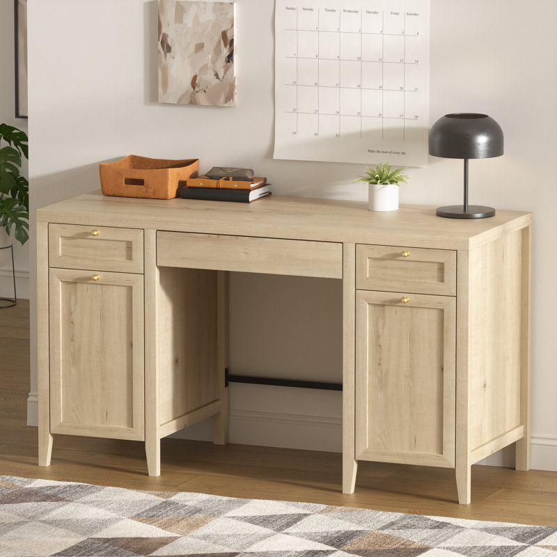 Bureau de direction 52 po avec armoire de rangement et 3 tiroirs Farmhouse, Chêne clair