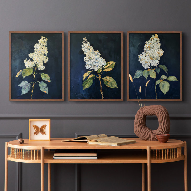 Étude florale, série LV, ensemble de 3 estampes numériques, prêt à accrocher, Cadre noyer, H 28 po x l 22 po