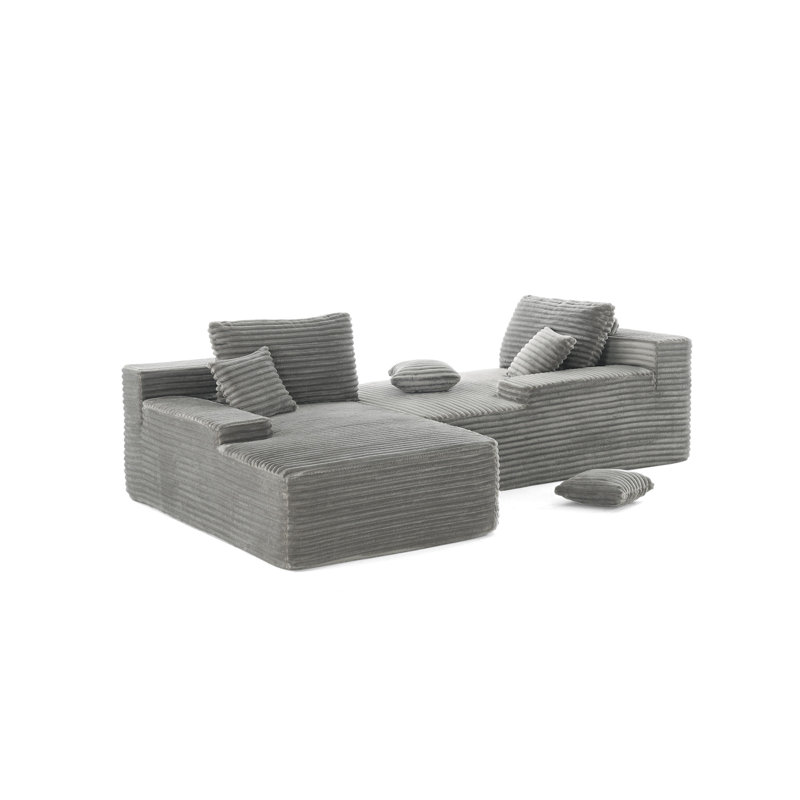Upholstered Faux Rabbit Fur Flannel Modular Oversized Sleeper Sofa with Pillows No Assembly Required, Light Grey