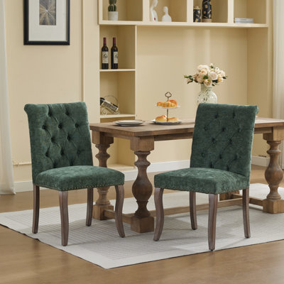 Chaise de salle à manger rembourrée olive en chenille de 2, coussin éponge confortable à haute résilience, garniture de rivet classique sur le bord du siège, boutons à losanges, idéal pour les maisons traditionnelles et modernes 2