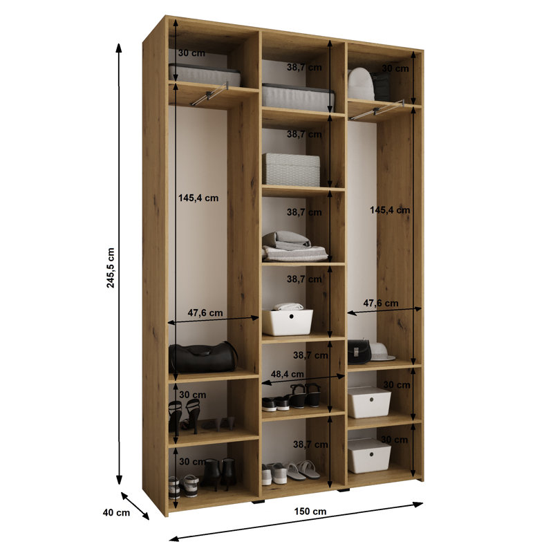 3 Door Manufactured Wood Wardrobe, white matt + handles: gold, 245,5 H x 150 W x 40 D
