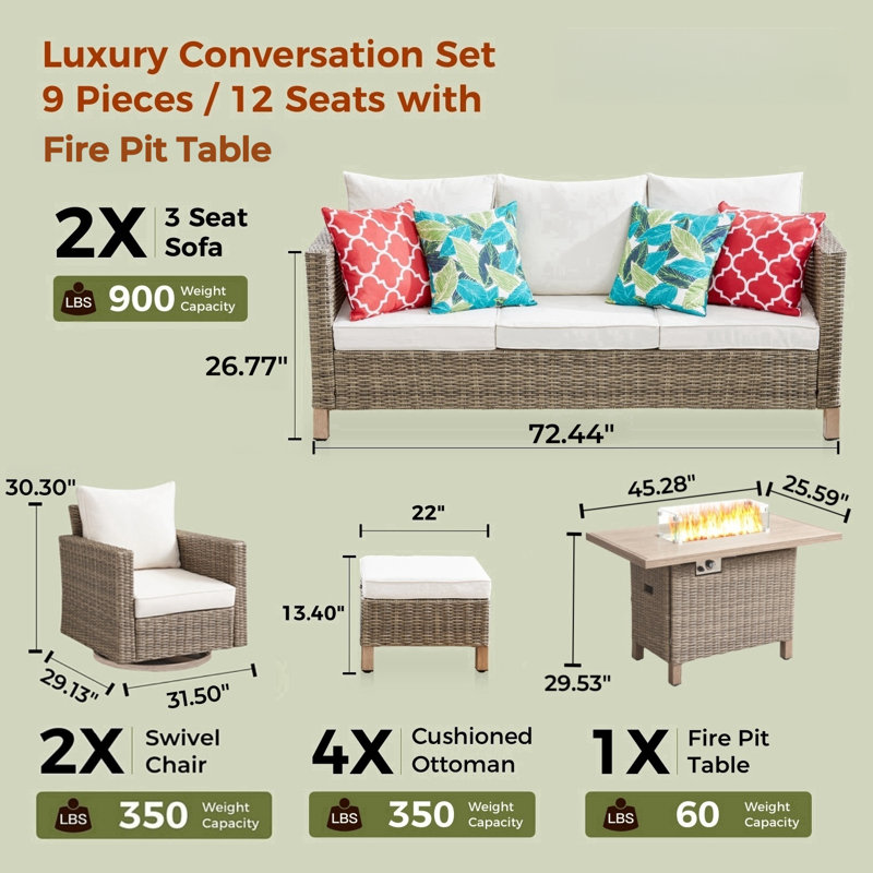 9 Piece Patio Outdoor Conversation Set With Swivel Chairs And Fire Pit Table, Beige