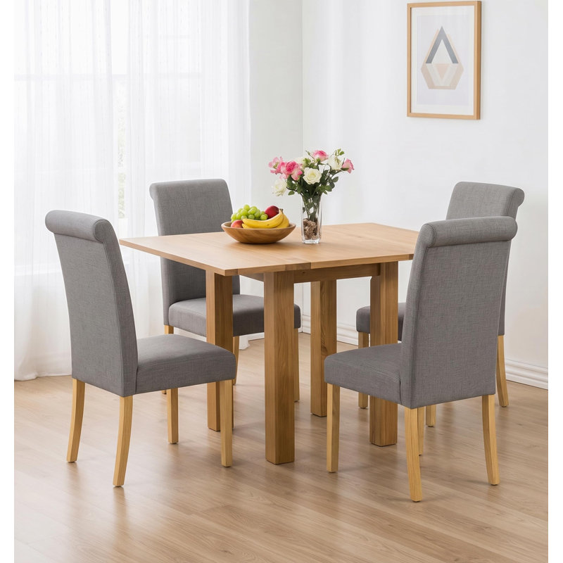 4-Person Small Folding Oak Dining Set with Grey Upholstered Chairs