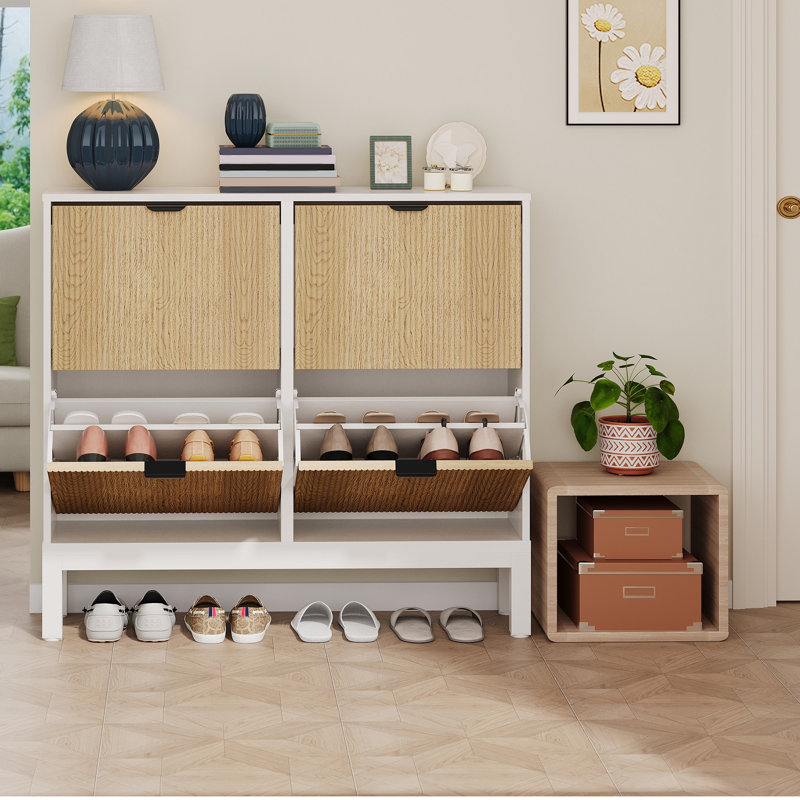 Modern Fluted Shoe Cabinet with 4 Flip Drawers, Narrow Shoe Storage for Entryway, Hidden Shoe Rack with Metal Legs, Farmhouse Freestanding Shoe Storage Organizer for Hallway, White+Oak