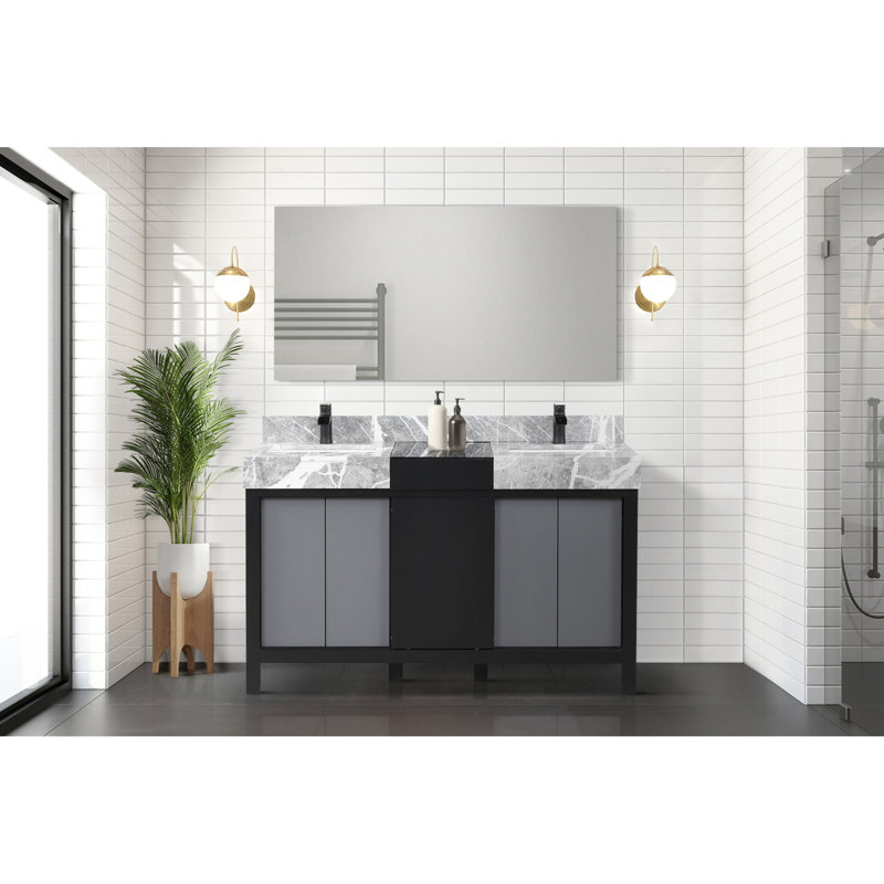Meuble-lavabo double noir et gris, 55 po L 22 po x P 22 po, plateau en marbre, robinet inclus, miroir 53 po, base en bois large, comptoir Scratch mat