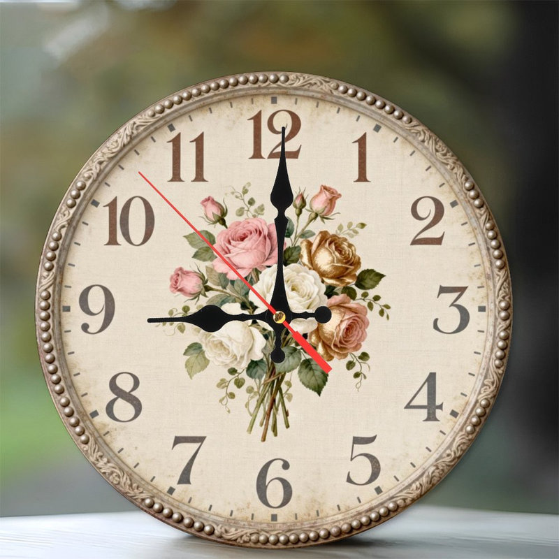 Horloge murale ronde en bois 10 po, mouvement à quartz silencieux, imprimé UV, à piles, Bouquet