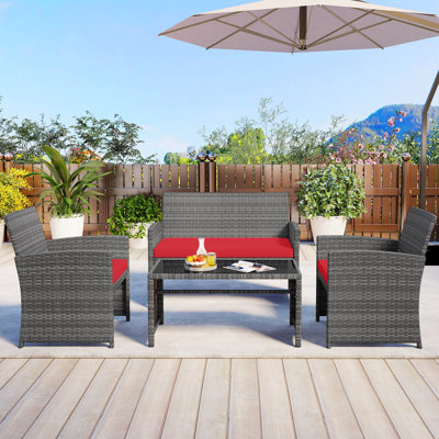 4 PCS Patio Conversation Set with Seat Cushions & Tempered Glass Tabletop, Outdoor Red + Gray