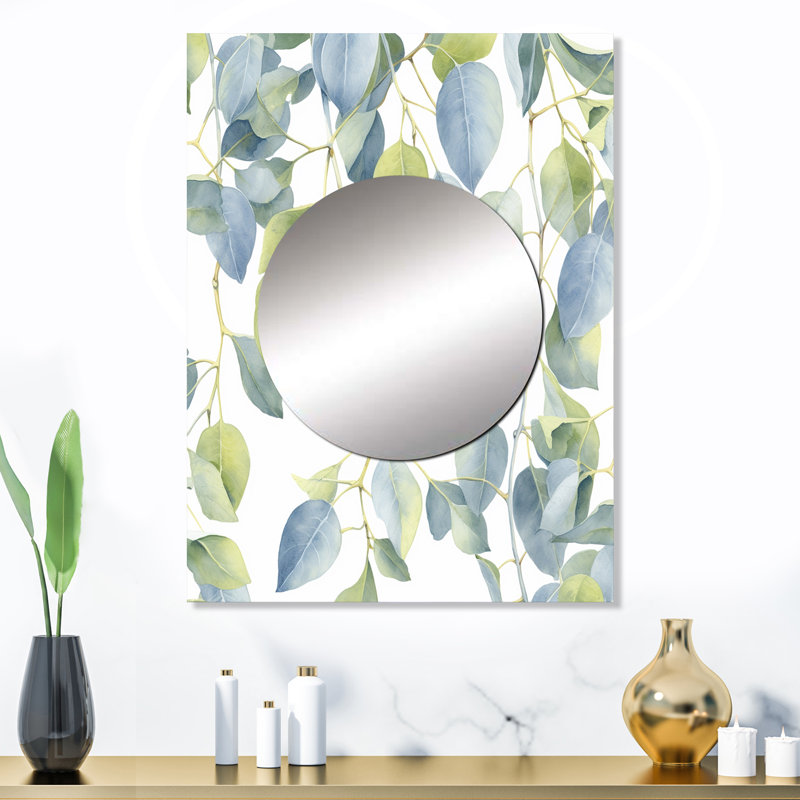 Keolani blanc vert minimalisme eucalyptus Essence II - miroir décoratif floral, miroir mural traditionnel, impression d'art en métal