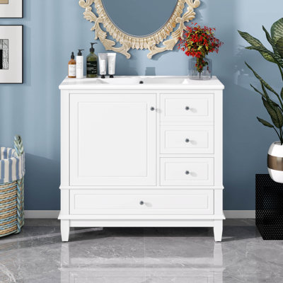 Meuble-lavabo sur pied 36 po avec lavabo en céramique, panneau de fibres à densité moyenne et base en bois massif, 3 tiroirs et tablettes