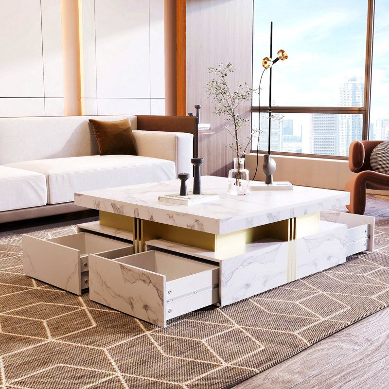 Table basse moderne carrée avec rangement à 4 tiroirs, Blanc
