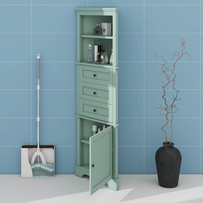 Tall Corner Bathroom Cabinet With Doors, Triangle Organizers And Storage With 3 Drawers And Adjustable Shelves, Toilet Cabinet For Bathroom