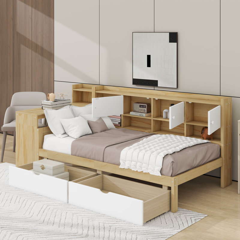 Wooden L-Shape Daybed With Seven Storage Cabinets And Two Storage Drawers, Multi-Functional Bed With Study Desk And Built-In Bookshelf