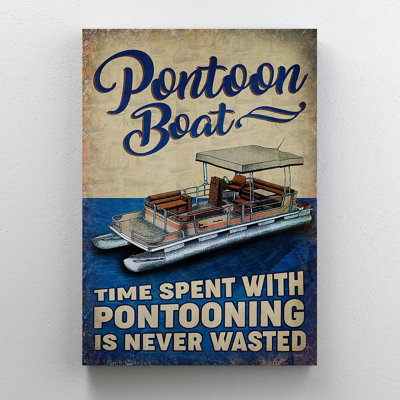 Pontoon Boat On Blue And Brown Background - Time Spent With Pontooning - 1 Piece Rectangle Graphic Art Print On Wrapped Canvas