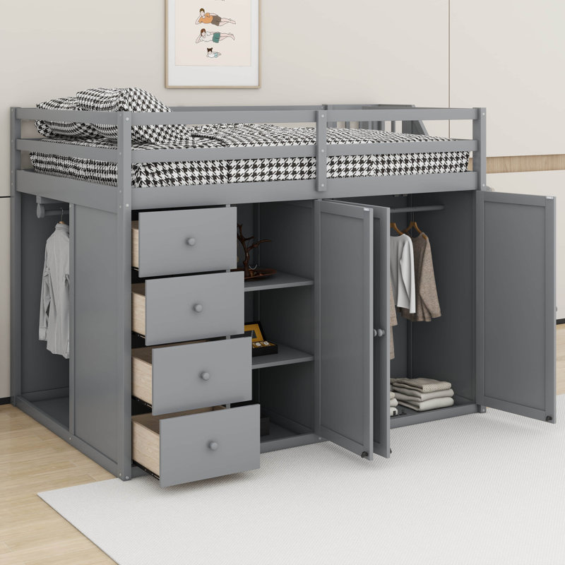 Jaquai Full Size Wood Loft Bed With Built-in Wardrobes, Cabinets and Drawers, Gray