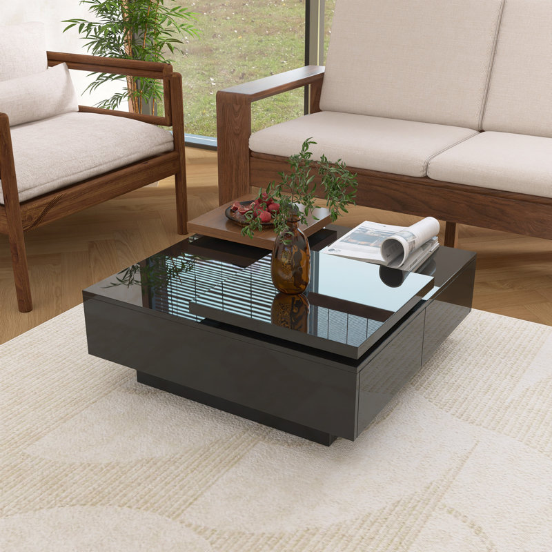 Table basse moderne carrée en bois avec plateau mobile, Noir, noir, noir, noir