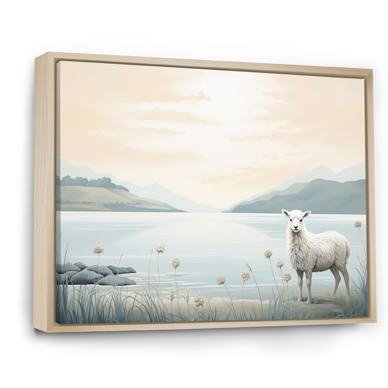 Minimalisme, moutons sur la plage I - impressions sur toile de moutons, Cadre naturel flottant, H 16 po x l 32 po x P 1 po