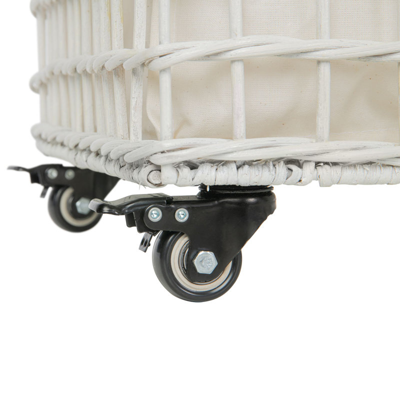 Hand Woven Wicker Rolling Laundry Sorter with Handles, White