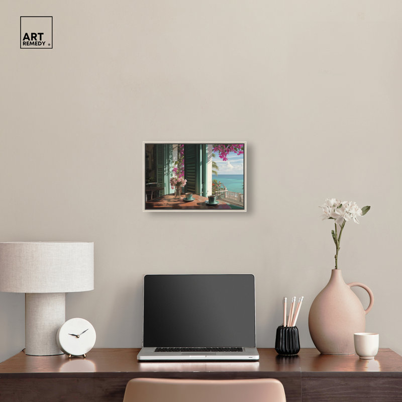 «Morning Coffee Ocean View», reproduction d'art sur toile encadrée par Art Remedy, cadre argenté, 15 x 10, Silver Frame