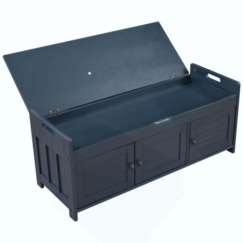 Banc de rangement rustique avec 3 portes à volets, coussin amovible et rangement dissimulé à plateau relevable, banc à chaussures polyvalent